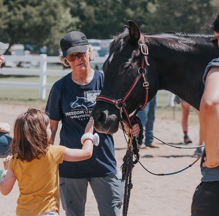 littel girl petting a horse