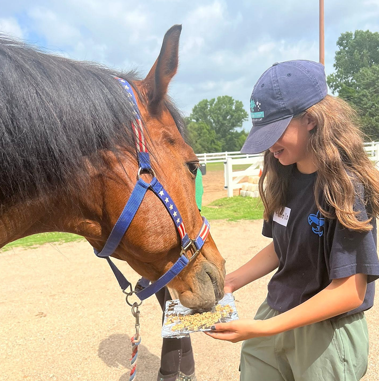 girl with cap feeding horse